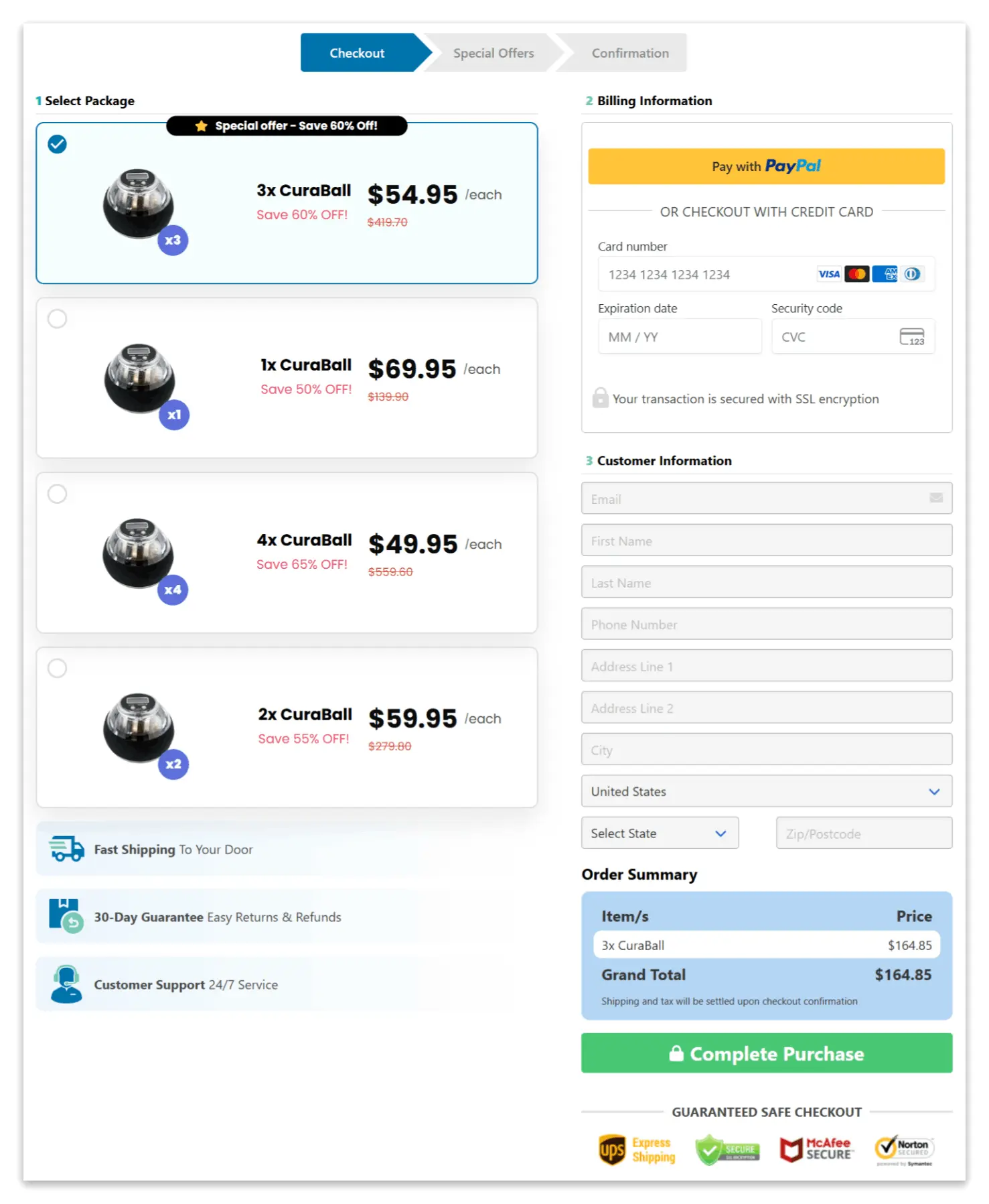 Curaball secure checkout page